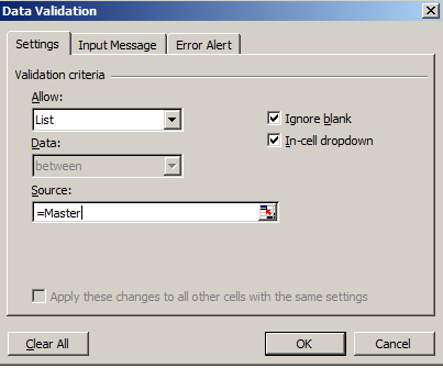تنظیم validation cells، برای ستون A در شیت data entry