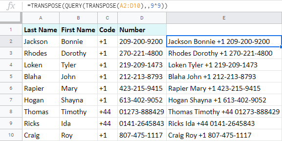 مثال سوم از ادغام ستون ها در گوگل شیتس